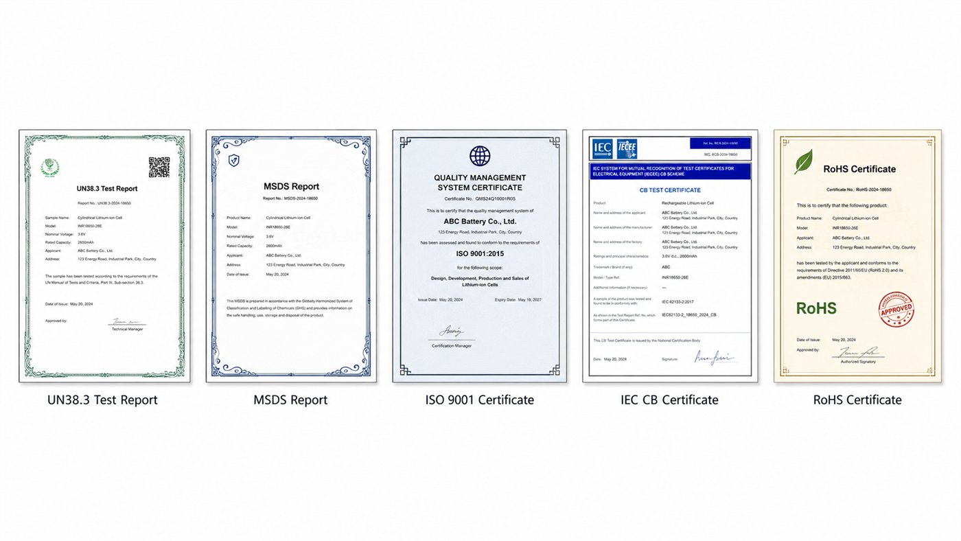 UN38.3, MSDS, ISO 9001, IEC CB and RoHS certificate previews
