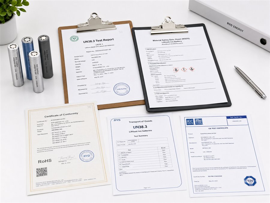 Battery compliance documents on clipboards