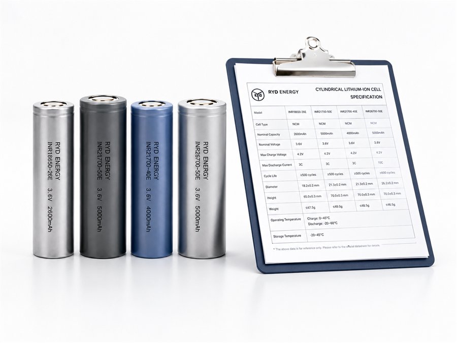Cylindrical cells beside a specification sheet